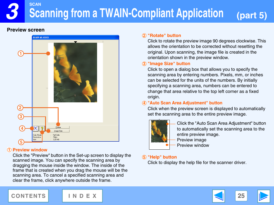 Preview screen, Scanning from a twain-compliant application, Part 5) | Sharp AR-M160 User Manual | Page 25 / 33