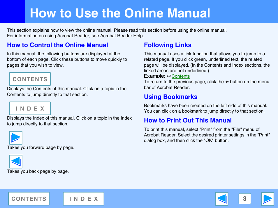 How to use the online manual, How to control the online manual, Following links | Using bookmarks, How to print out this manual | Sharp AR-M160 User Manual | Page 3 / 33