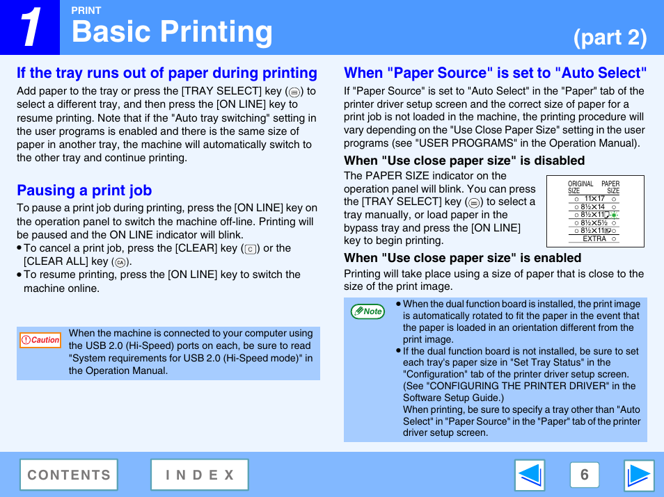 If the tray runs out of paper during printing, Pausing a print job, When "paper source" is set to "auto select | When "use close paper size" is disabled, When "use close paper size" is enabled, Basic printing, Part 2) | Sharp AR-M160 User Manual | Page 6 / 33