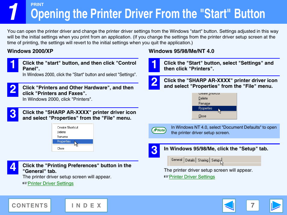 Opening the printer driver from the "start" button, Windows 2000/xp, Windows 95/98/me/nt 4.0 | Sharp AR-M160 User Manual | Page 7 / 33