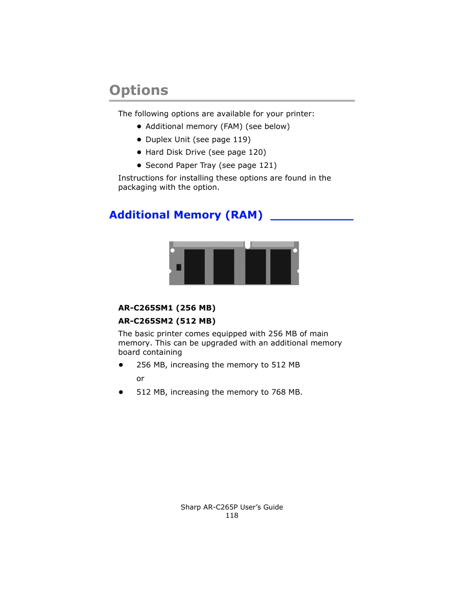 Options, Additional memory (ram) | Sharp AR-C265P User Manual | Page 118 / 310