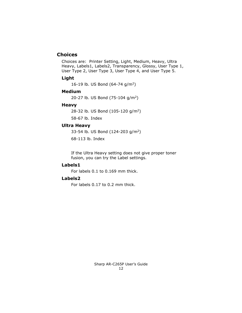 Choices, Light, Medium | Heavy, Ultra heavy, Labels1, Labels2 | Sharp AR-C265P User Manual | Page 12 / 310