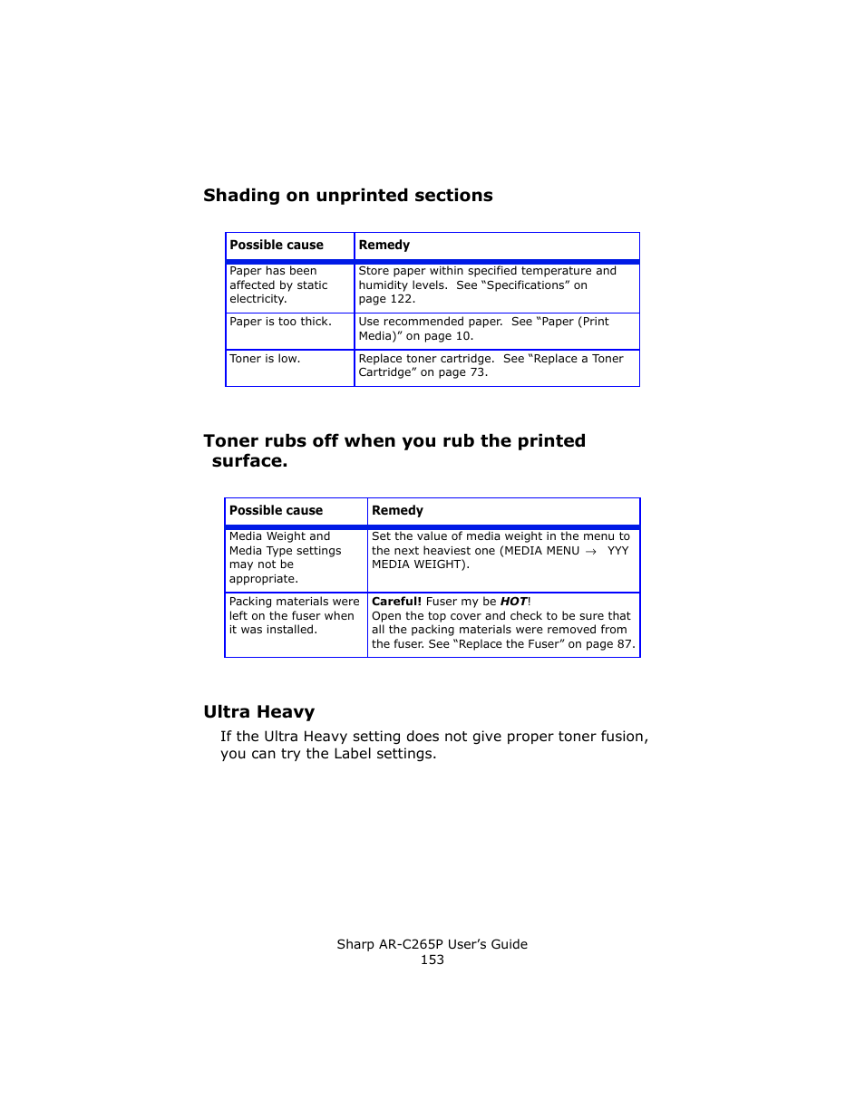 Shading on unprinted sections, Toner rubs off when you rub the printed surface, Ultra heavy | Sharp AR-C265P User Manual | Page 153 / 310