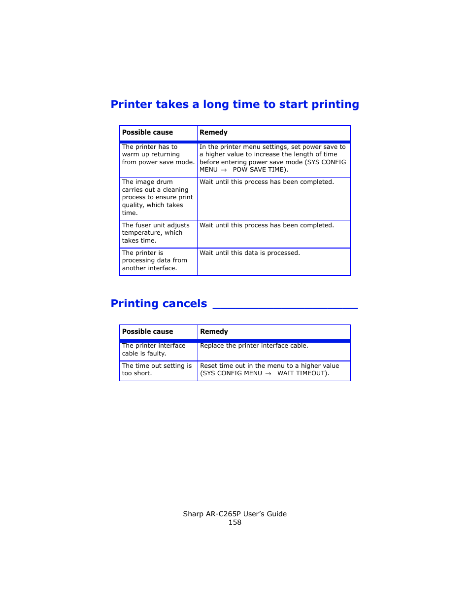 Printer takes a long time to start printing, Printing cancels, Printer takes a long time to start printing” see | Sharp AR-C265P User Manual | Page 158 / 310