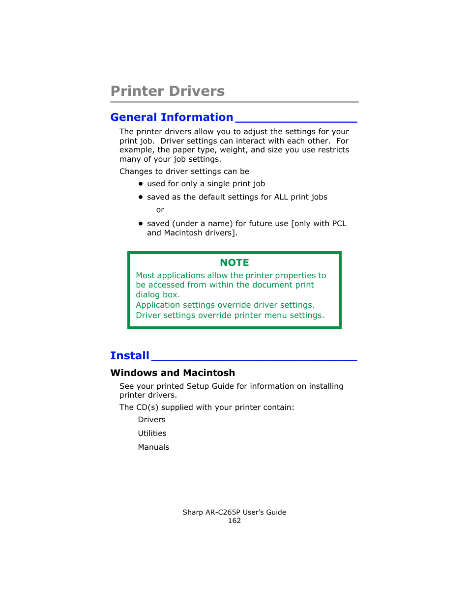 Printer drivers, General information, Install | Windows and macintosh | Sharp AR-C265P User Manual | Page 162 / 310