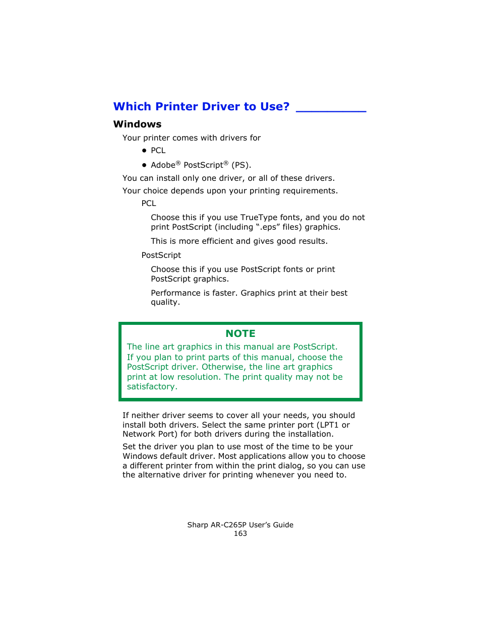 Which printer driver to use, Windows | Sharp AR-C265P User Manual | Page 163 / 310