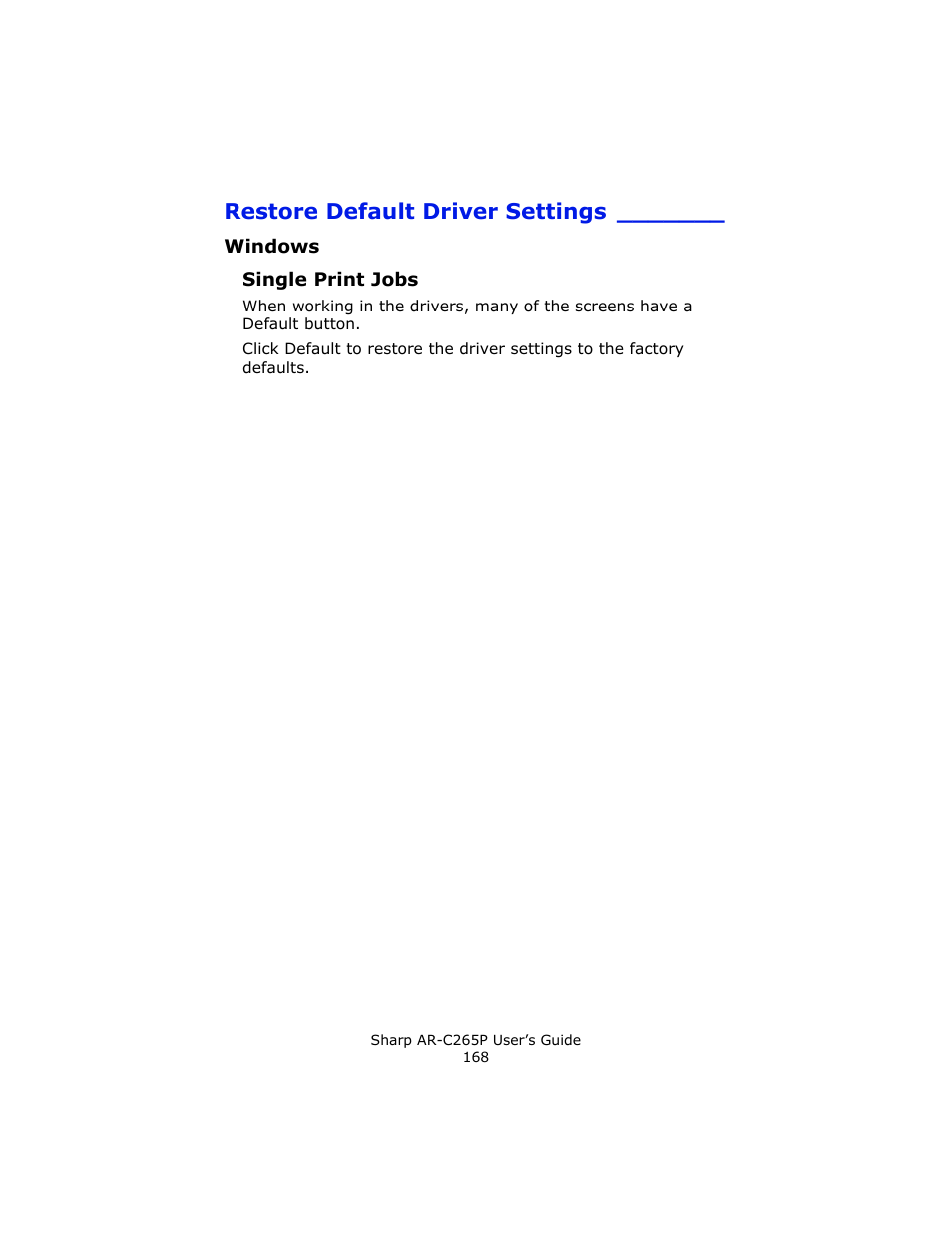 Restore default driver settings, Windows, Single print jobs | Sharp AR-C265P User Manual | Page 168 / 310