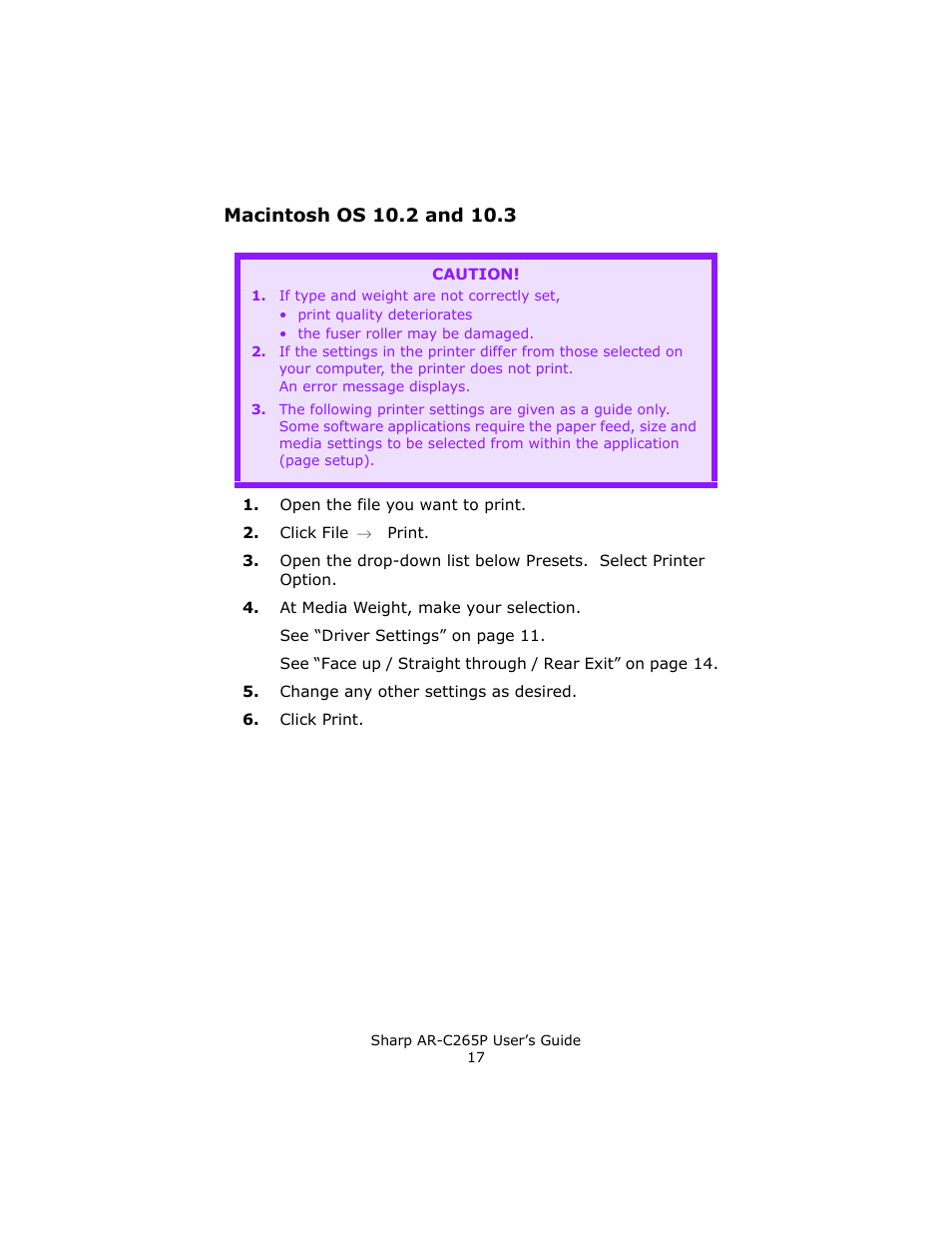 Macintosh os 10.2 and 10.3 | Sharp AR-C265P User Manual | Page 17 / 310