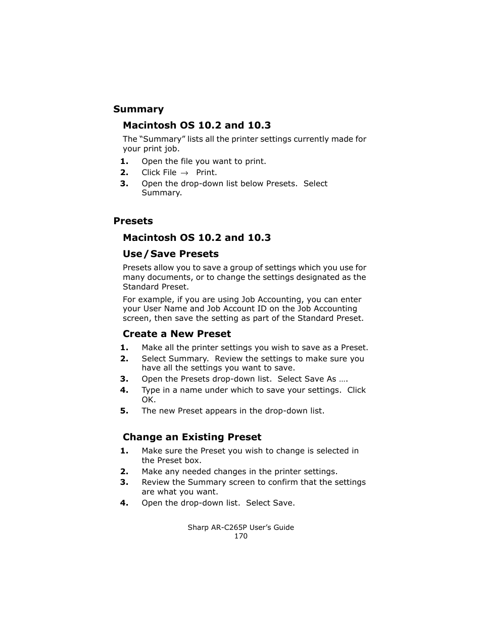 Summary, Macintosh os 10.2 and 10.3, Presets | Use / save presets, Create a new preset, Change an existing preset, Preset. see “presets” on | Sharp AR-C265P User Manual | Page 170 / 310