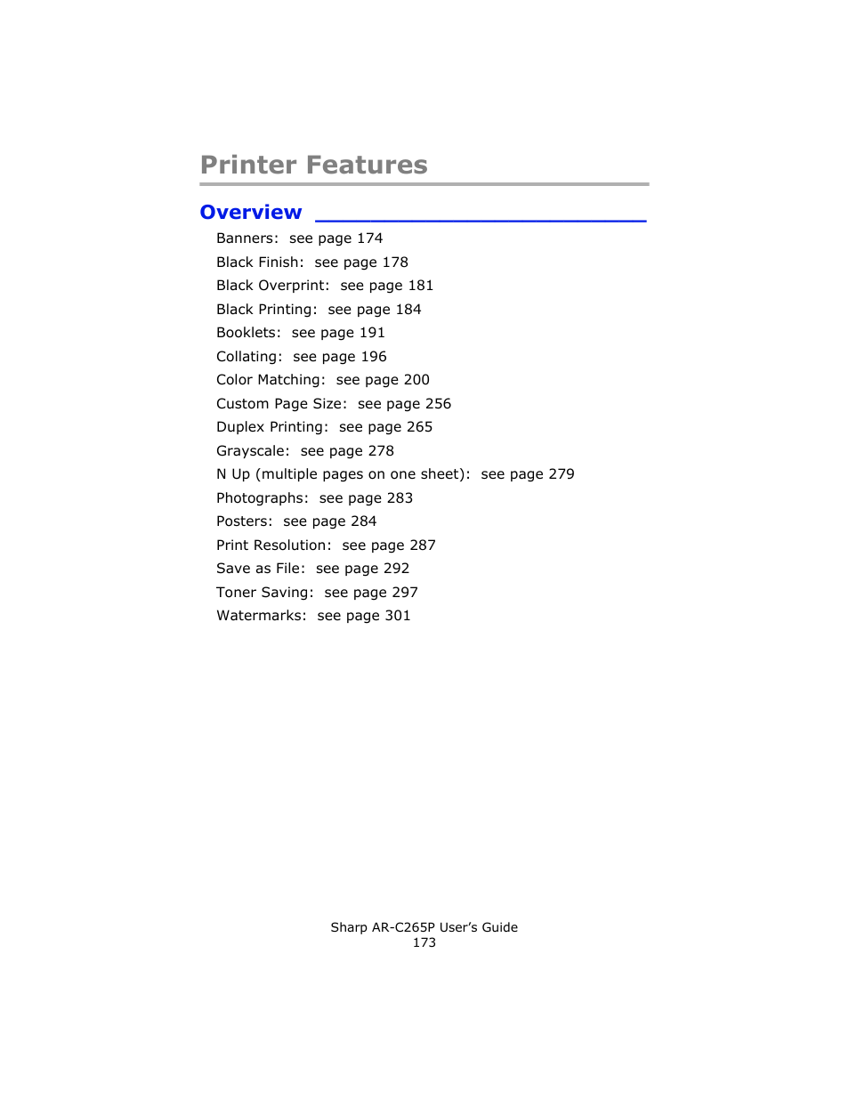 Printer features, Overview | Sharp AR-C265P User Manual | Page 173 / 310