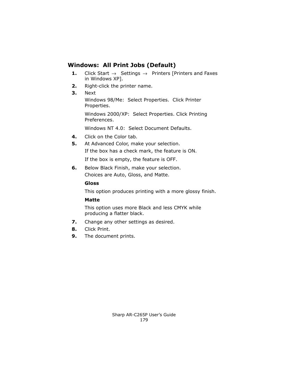 Windows: all print jobs (default) | Sharp AR-C265P User Manual | Page 179 / 310
