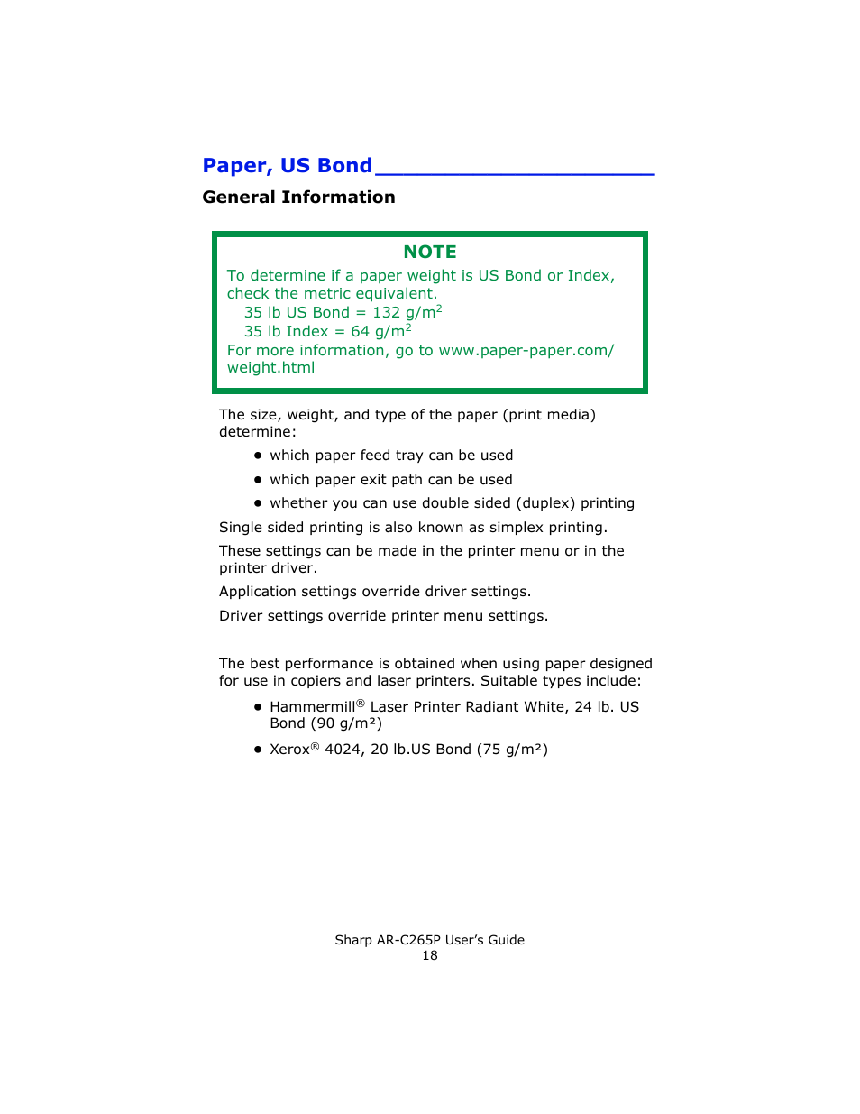 Paper, us bond, General information | Sharp AR-C265P User Manual | Page 18 / 310