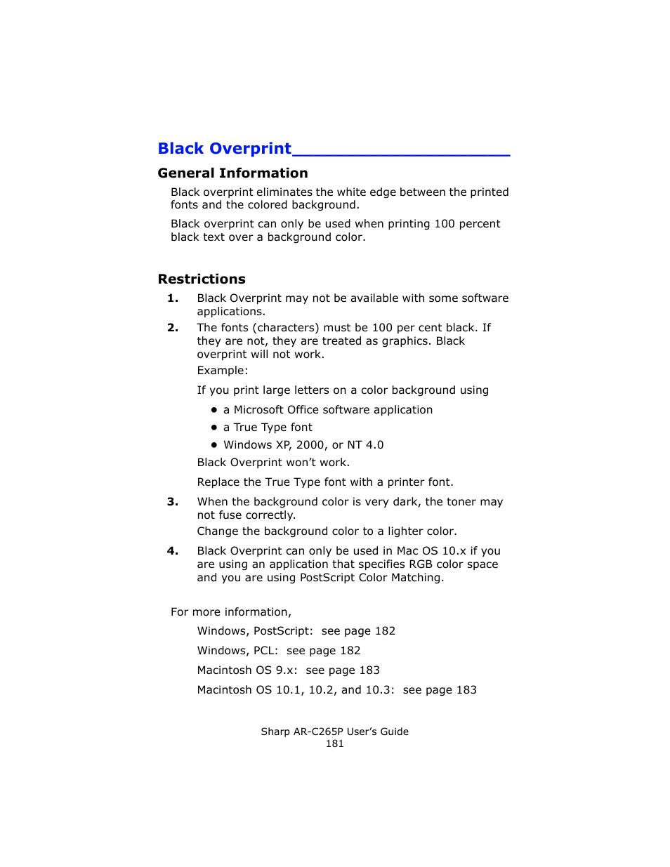 Black overprint, General information, Restrictions | Sharp AR-C265P User Manual | Page 181 / 310