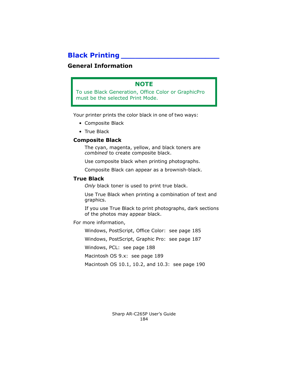 Black printing, General information, Composite black | True black | Sharp AR-C265P User Manual | Page 184 / 310