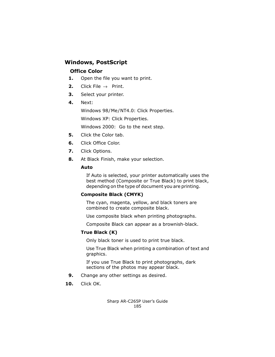 Windows, postscript, Office color | Sharp AR-C265P User Manual | Page 185 / 310