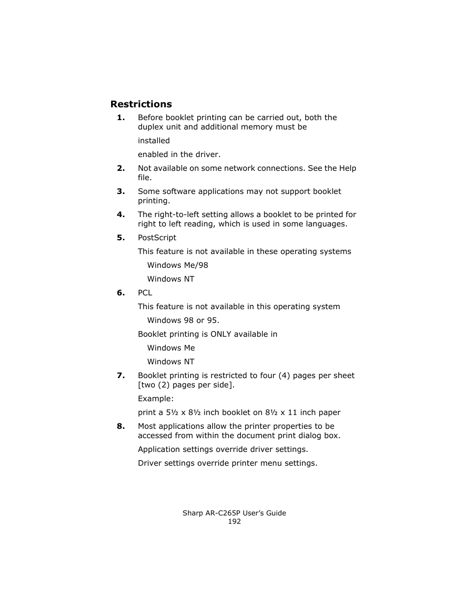 Restrictions | Sharp AR-C265P User Manual | Page 192 / 310