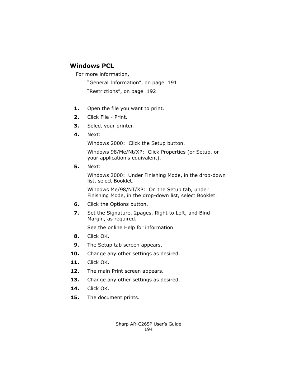 Windows pcl | Sharp AR-C265P User Manual | Page 194 / 310