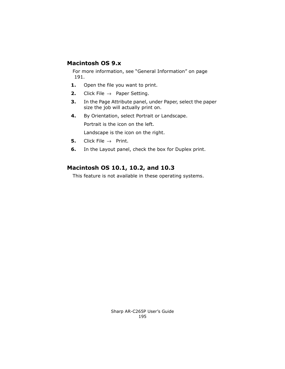 Macintosh os 9.x, Macintosh os 10.1, 10.2, and 10.3 | Sharp AR-C265P User Manual | Page 195 / 310