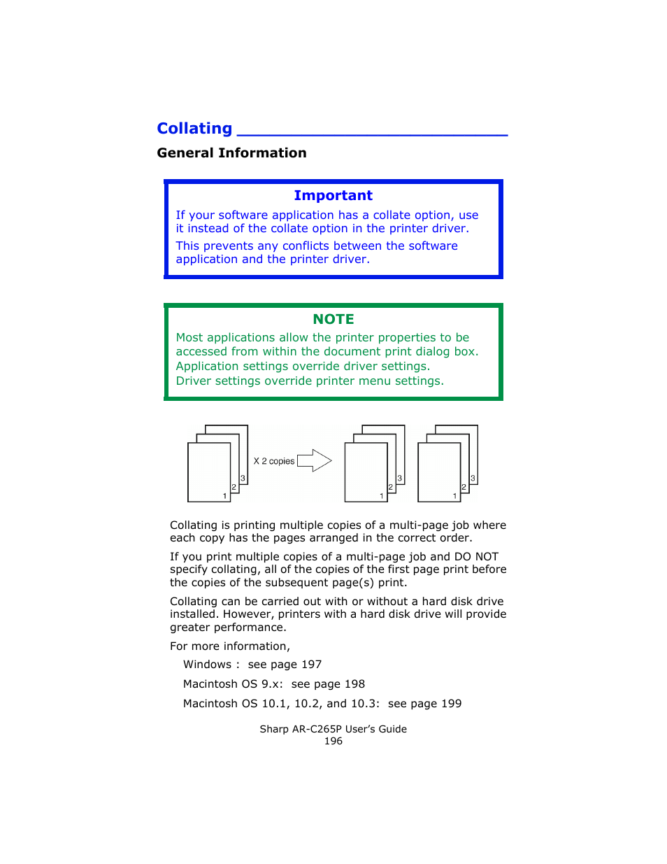 Collating, General information, Important | Sharp AR-C265P User Manual | Page 196 / 310
