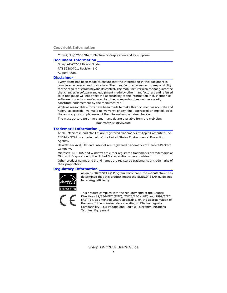 Copyright information, Document information, Disclaimer | Trademark information, Regulatory information | Sharp AR-C265P User Manual | Page 2 / 310