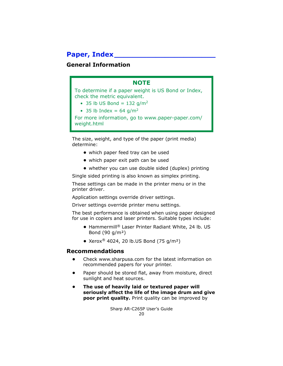 Paper, index, General information, Recommendations | Sharp AR-C265P User Manual | Page 20 / 310