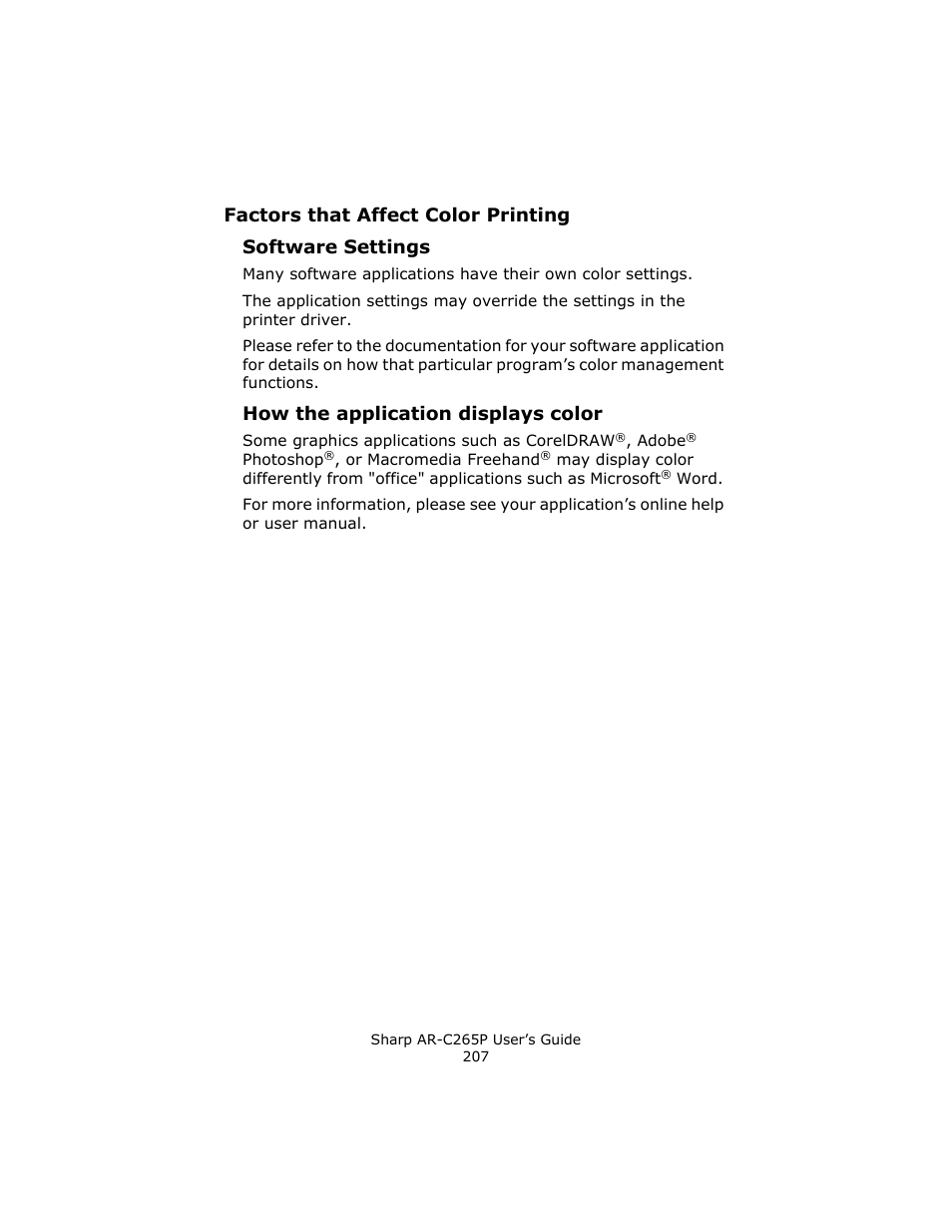 Software settings, How the application displays color | Sharp AR-C265P User Manual | Page 207 / 310