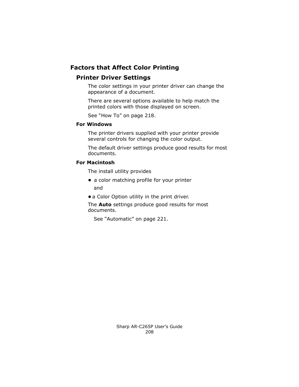 Printer driver settings, For windows, For macintosh | Sharp AR-C265P User Manual | Page 208 / 310