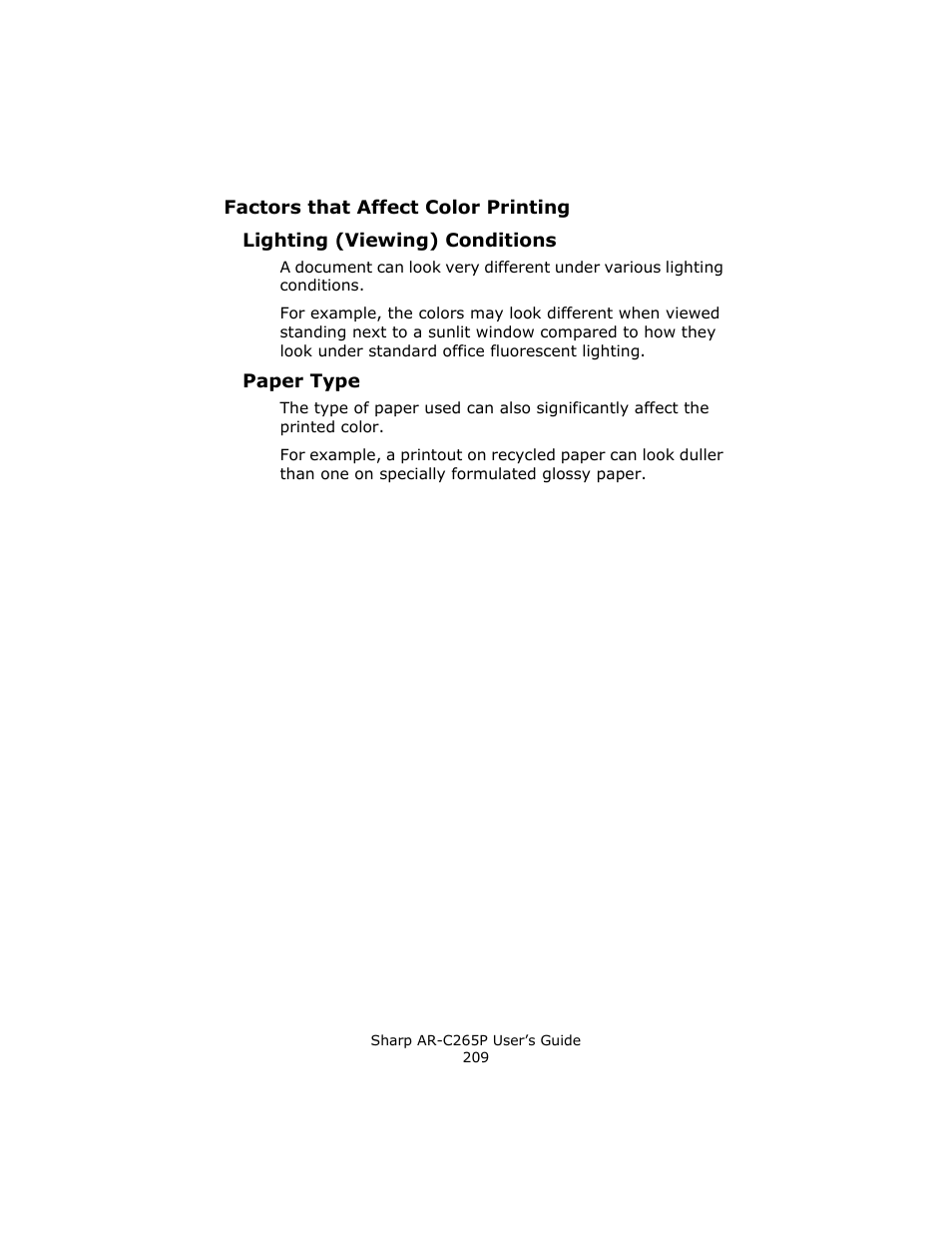 Lighting (viewing) conditions, Paper type | Sharp AR-C265P User Manual | Page 209 / 310