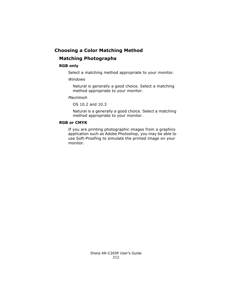 Matching photographs, Rgb only, Rgb or cmyk | Sharp AR-C265P User Manual | Page 212 / 310