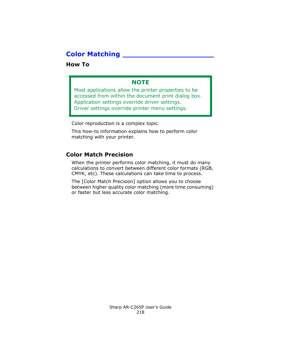 How to, Color match precision, Color matching | Sharp AR-C265P User Manual | Page 218 / 310