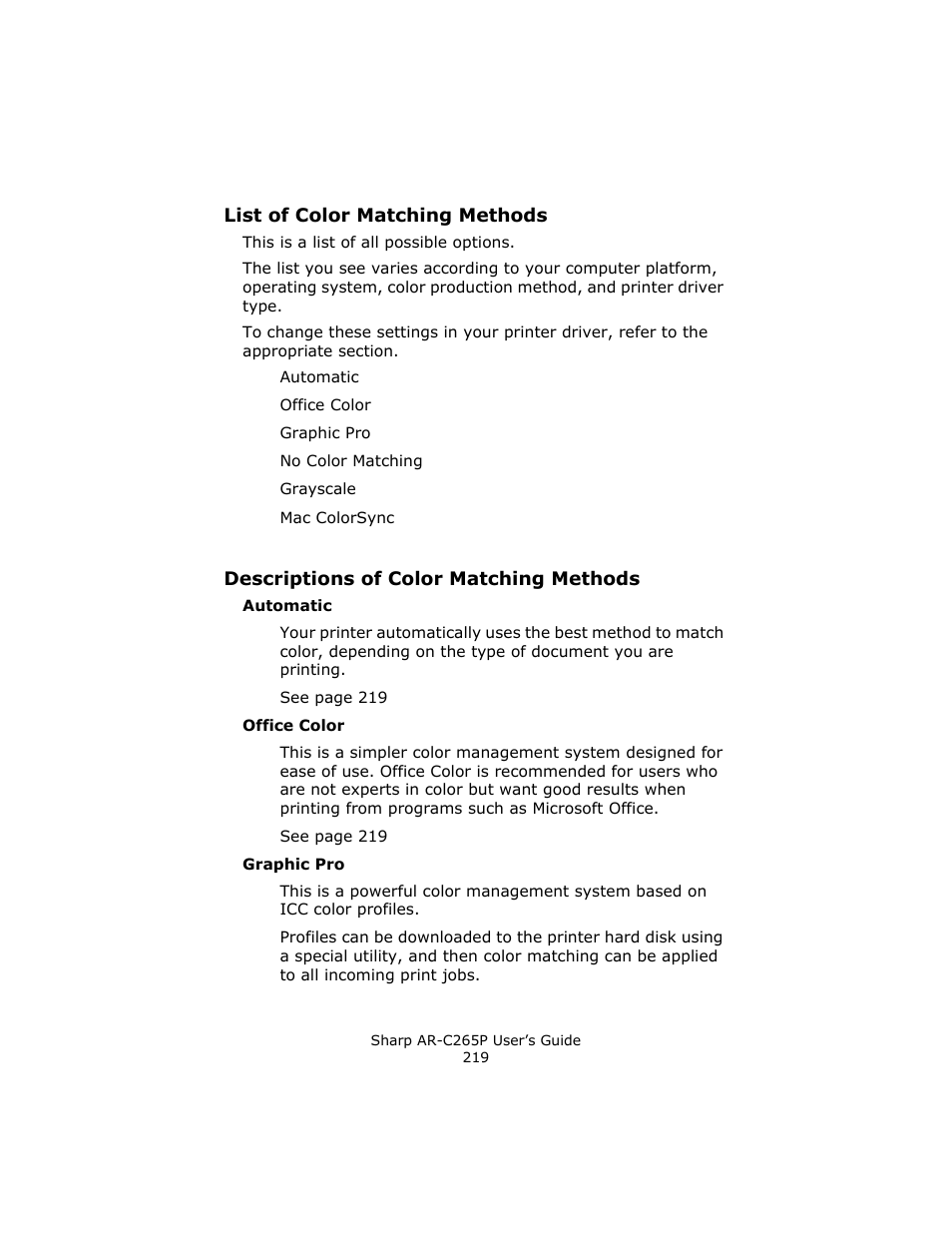 List of color matching methods, Descriptions of color matching methods | Sharp AR-C265P User Manual | Page 219 / 310