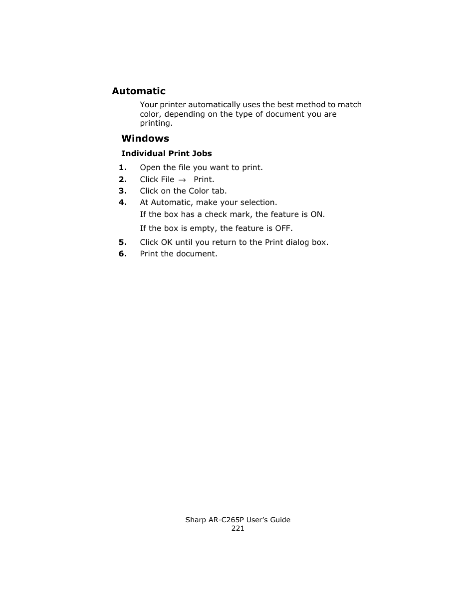 Automatic, Windows, Individual print jobs | Sharp AR-C265P User Manual | Page 221 / 310