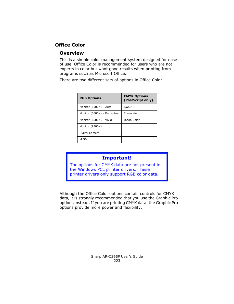 Office color, Overview, Important | Office color overview | Sharp AR-C265P User Manual | Page 223 / 310