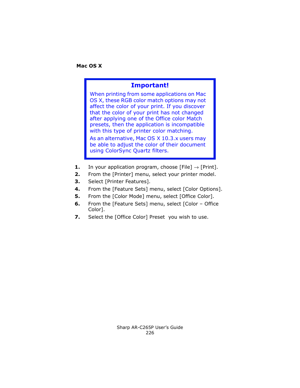 Mac os x, Important | Sharp AR-C265P User Manual | Page 226 / 310