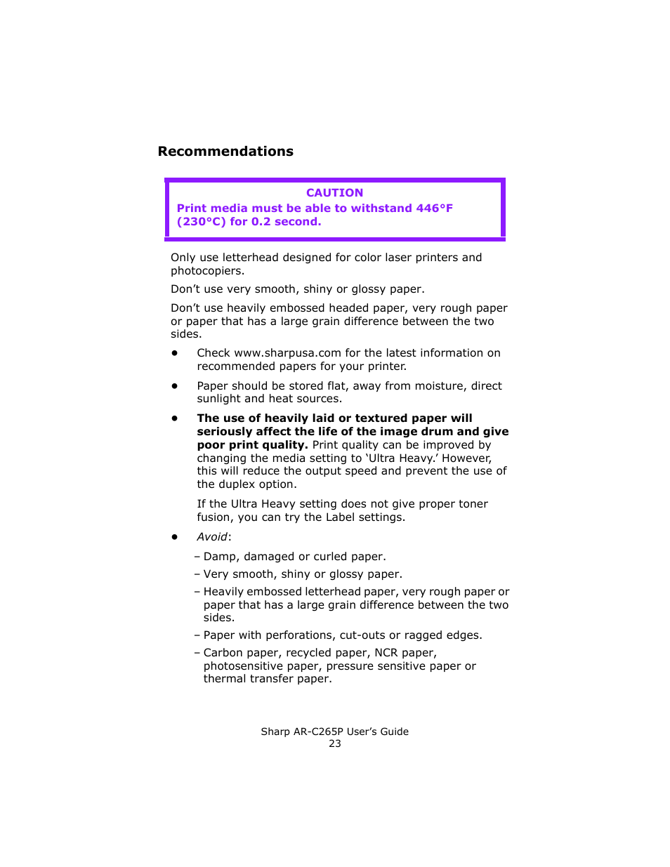 Recommendations | Sharp AR-C265P User Manual | Page 23 / 310