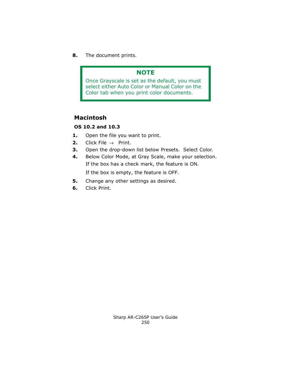 Macintosh, Os 10.2 and 10.3 | Sharp AR-C265P User Manual | Page 250 / 310