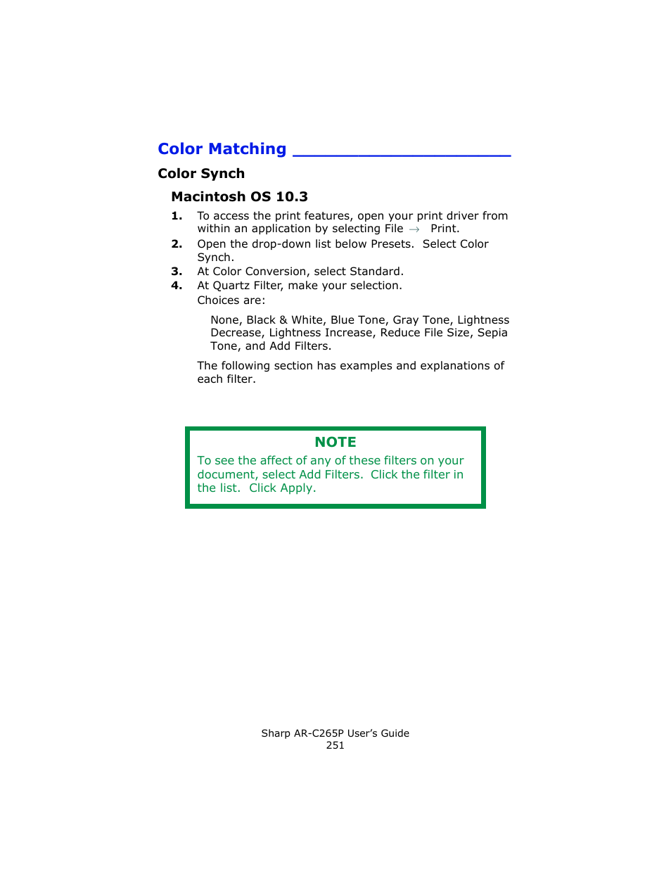 Color synch, Macintosh os 10.3, Color matching | Sharp AR-C265P User Manual | Page 251 / 310