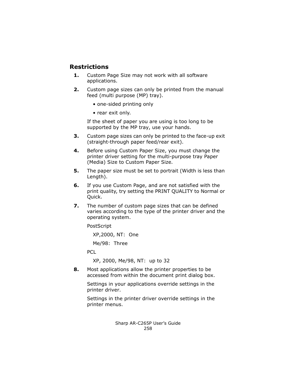 Restrictions | Sharp AR-C265P User Manual | Page 258 / 310