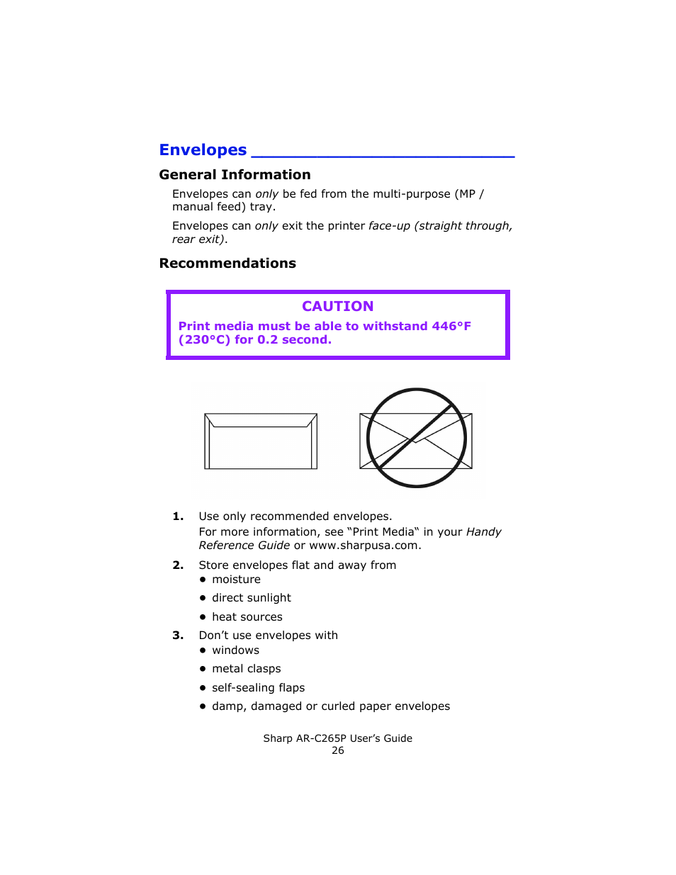 Envelopes, General information, Recommendations | Caution | Sharp AR-C265P User Manual | Page 26 / 310