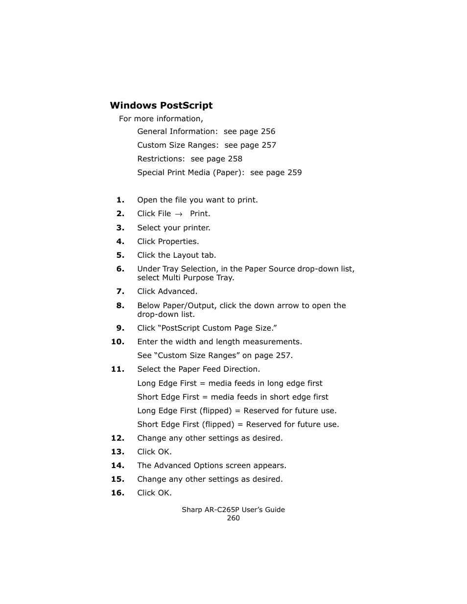 Windows postscript | Sharp AR-C265P User Manual | Page 260 / 310