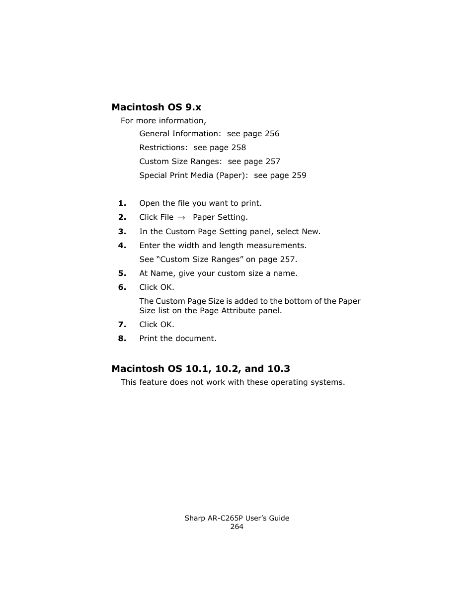 Macintosh os 9.x, Macintosh os 10.1, 10.2, and 10.3 | Sharp AR-C265P User Manual | Page 264 / 310