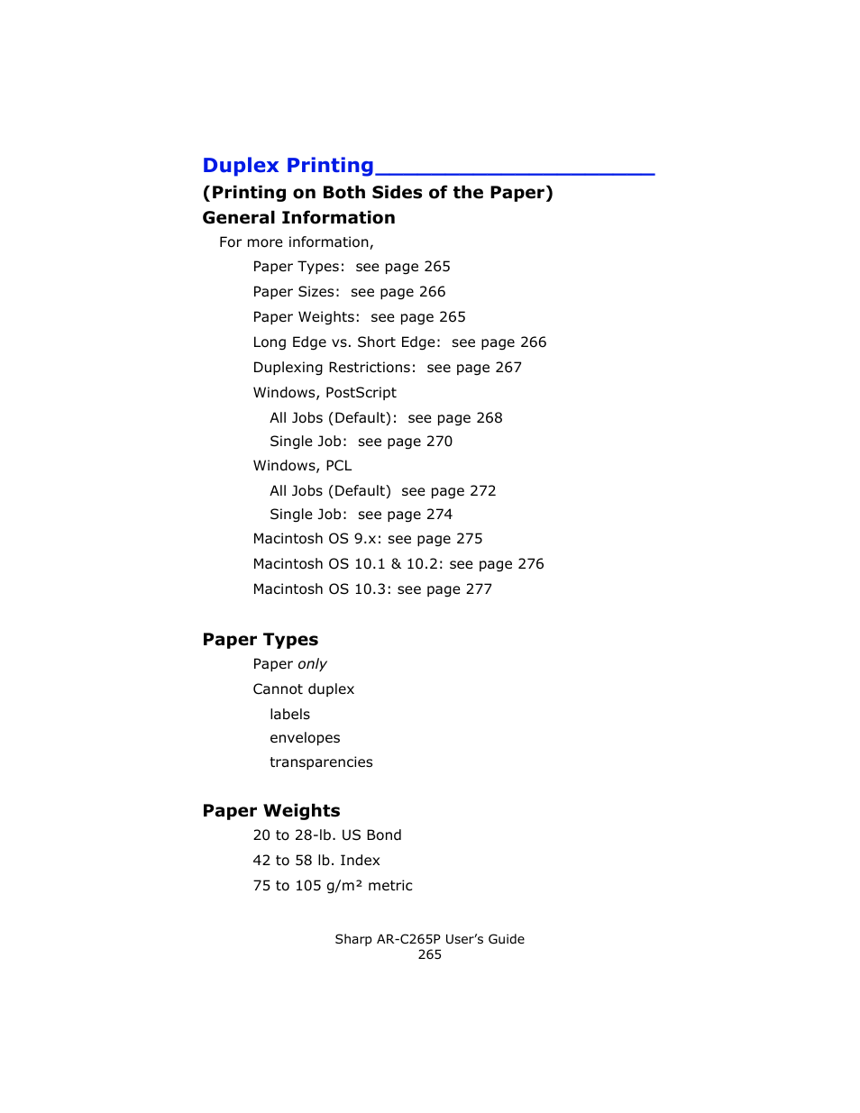 Duplex printing, Printing on both sides of the paper), General information | Paper types, Paper weights | Sharp AR-C265P User Manual | Page 265 / 310