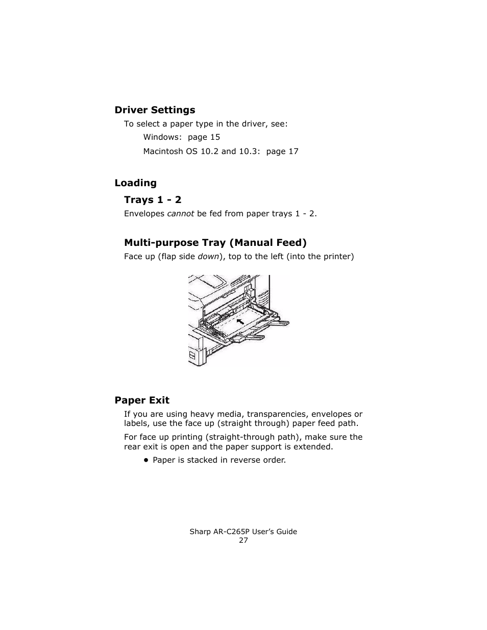 Driver settings, Loading, Multi-purpose tray (manual feed) | Paper exit | Sharp AR-C265P User Manual | Page 27 / 310