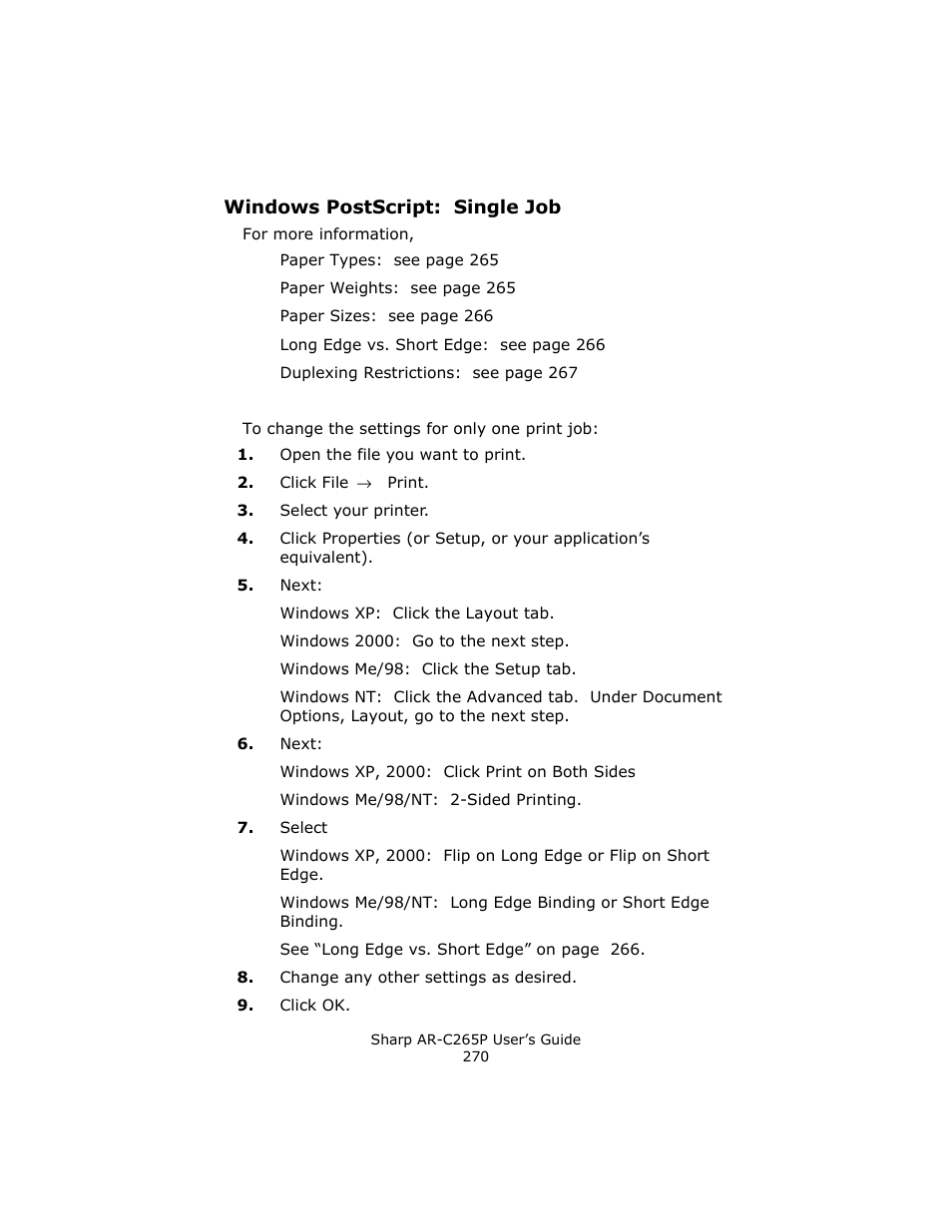 Windows postscript: single job | Sharp AR-C265P User Manual | Page 270 / 310