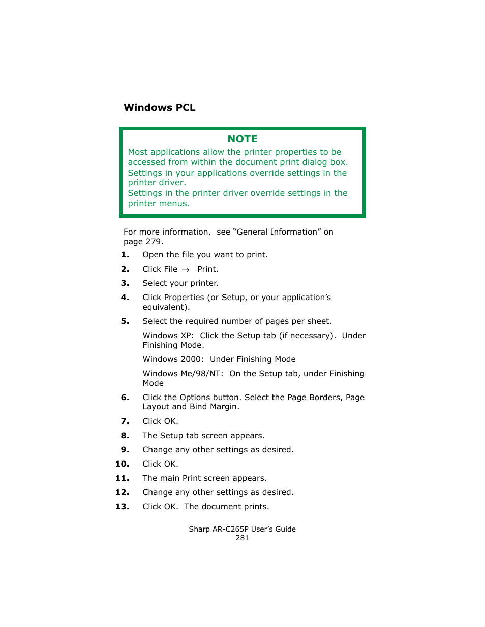 Windows pcl | Sharp AR-C265P User Manual | Page 281 / 310