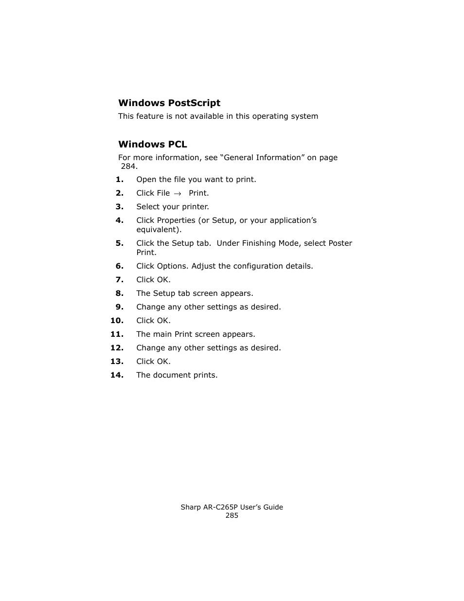 Windows postscript, Windows pcl | Sharp AR-C265P User Manual | Page 285 / 310