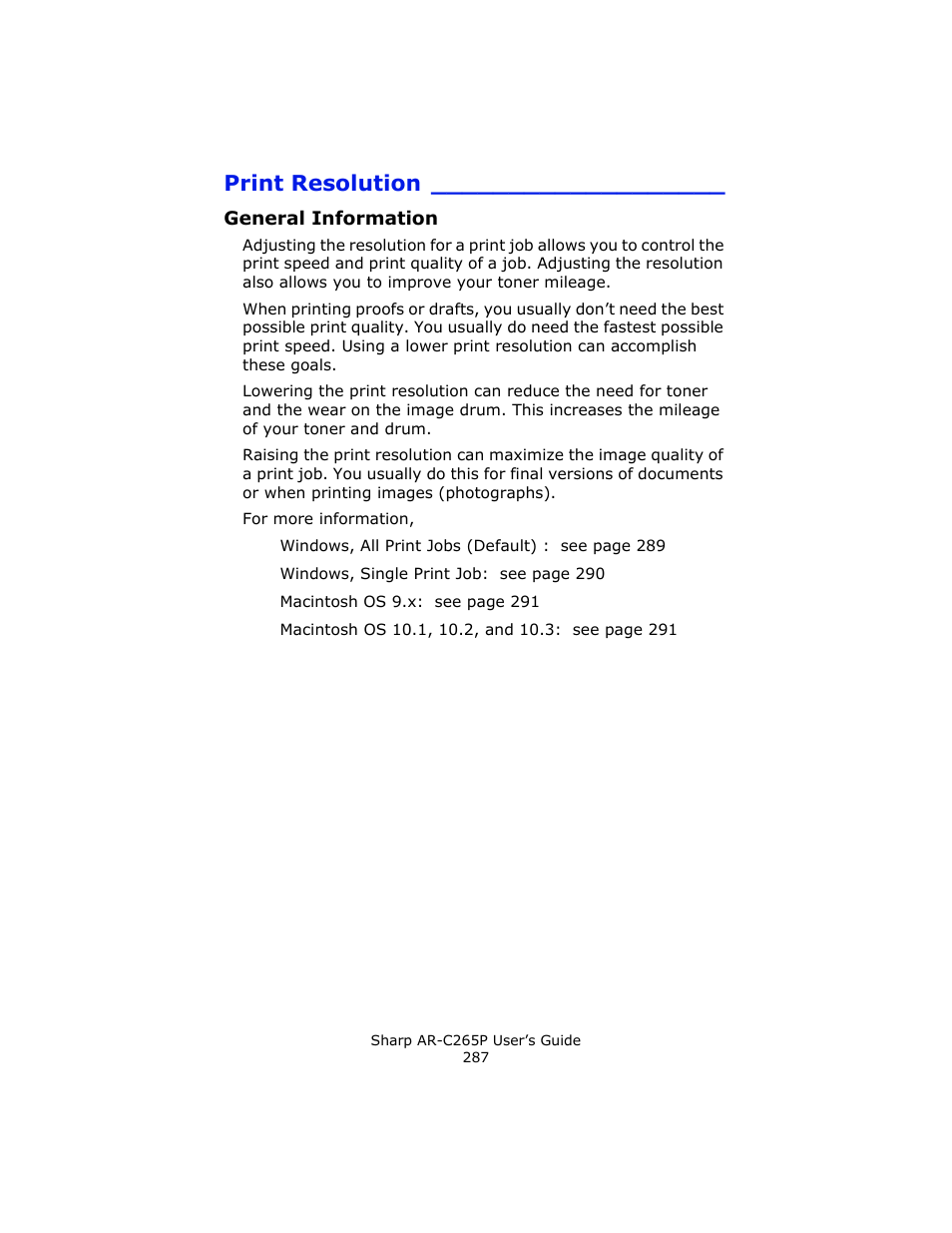 Print resolution, General information | Sharp AR-C265P User Manual | Page 287 / 310