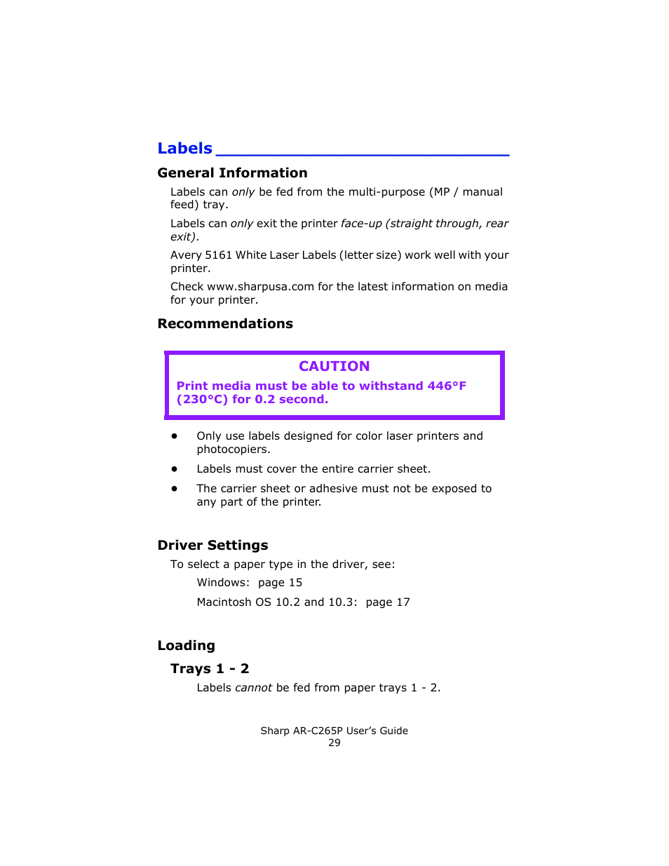 Labels, General information, Recommendations | Driver settings, Loading | Sharp AR-C265P User Manual | Page 29 / 310