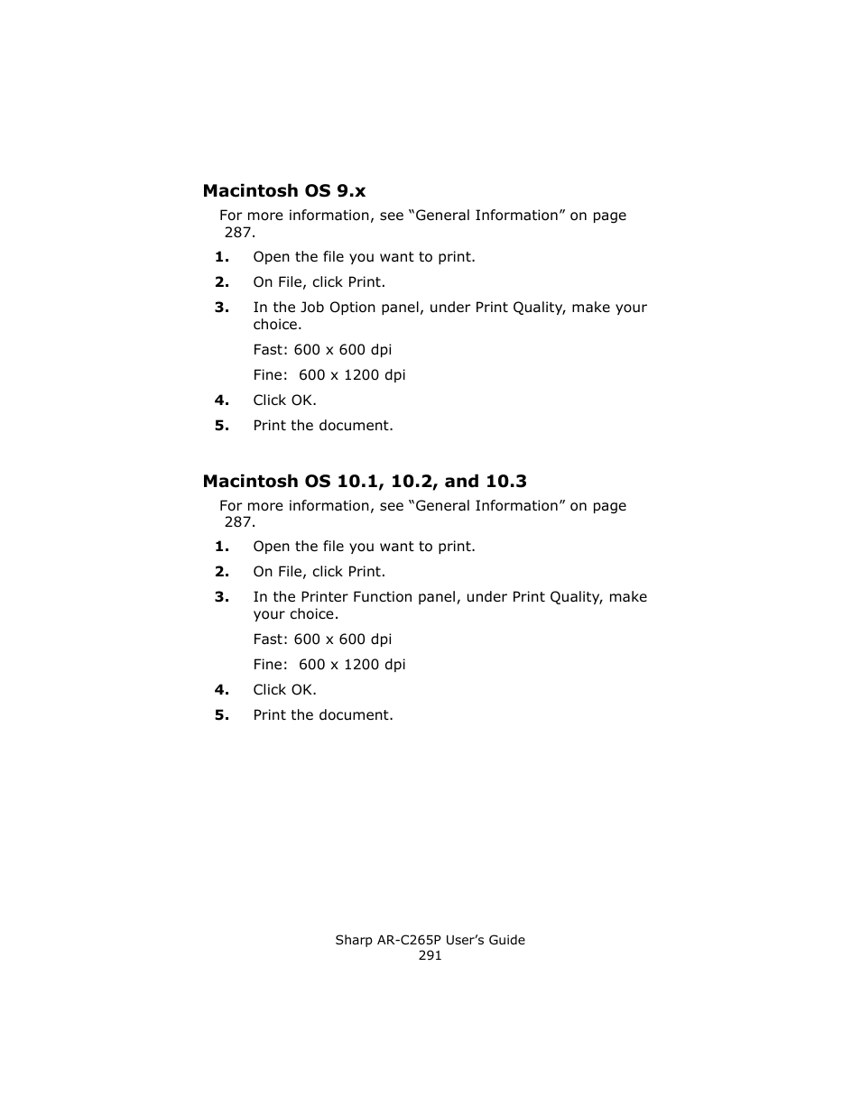 Macintosh os 9.x, Macintosh os 10.1, 10.2, and 10.3 | Sharp AR-C265P User Manual | Page 291 / 310