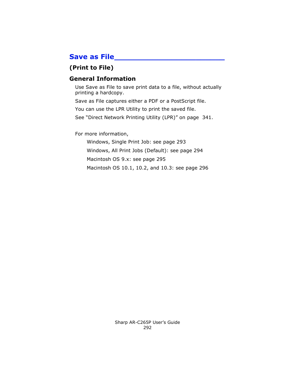 Save as file, Print to file), General information | Sharp AR-C265P User Manual | Page 292 / 310